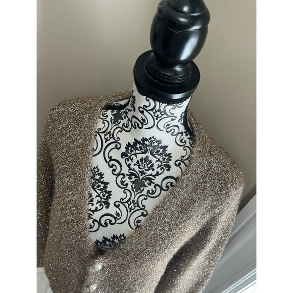 BOSTON PROPER Womens Gold Metallic Med Cardigan Sweater Pearl Buttons Holiday - Picture 2 of 14